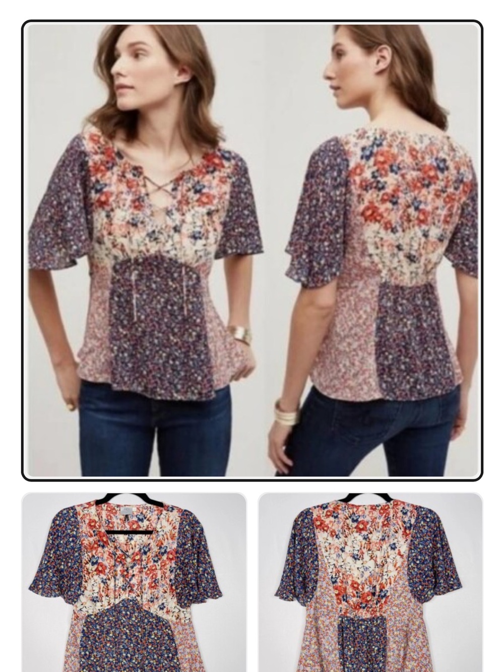 Anthropologie Patchwork Floral Lace-Up Blouse in Navy, Cream & Red